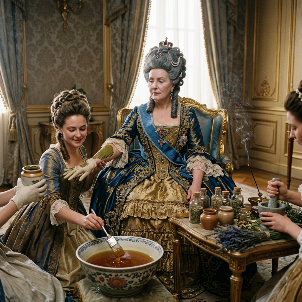 Aristocratic woman receiving herbal treatment from attendants in ornate palace room