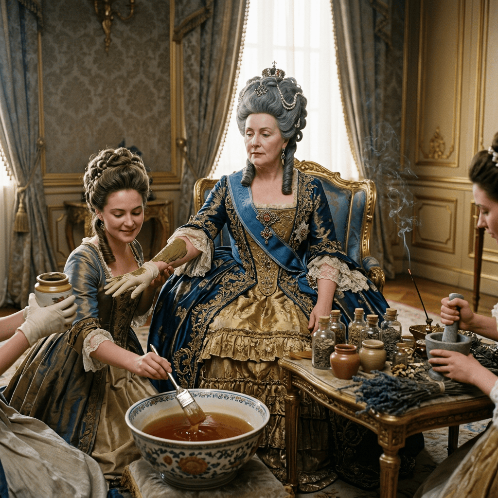 Aristocratic woman receiving herbal treatment from attendants in ornate palace room
