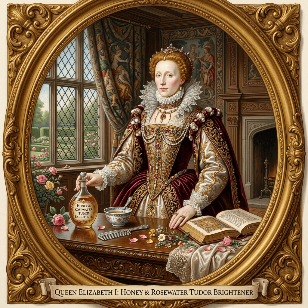 Queen Elizabeth I with Honey & Rosewater Tudor Brightener; banner reads Queen Elizabeth I: Honey & Rosewater Tudor Brightener