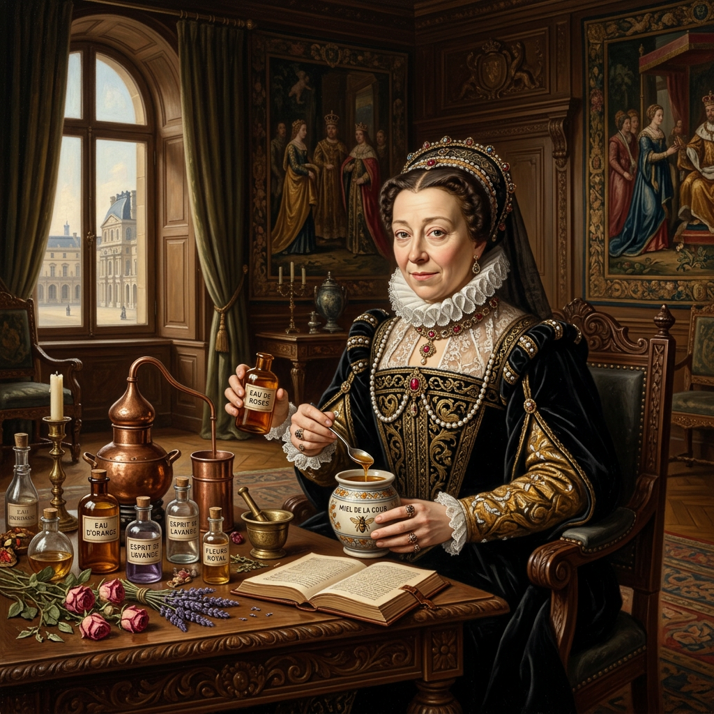 Renaissance noblewoman holding Eau de Roses beside labeled bottles, honey tea, roses, lavender, and an open book