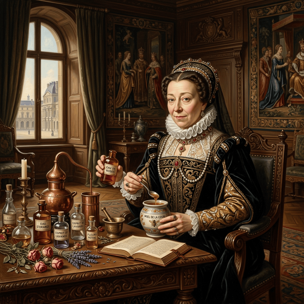 Renaissance noblewoman holding Eau de Roses beside labeled bottles, honey tea, roses, lavender, and an open book