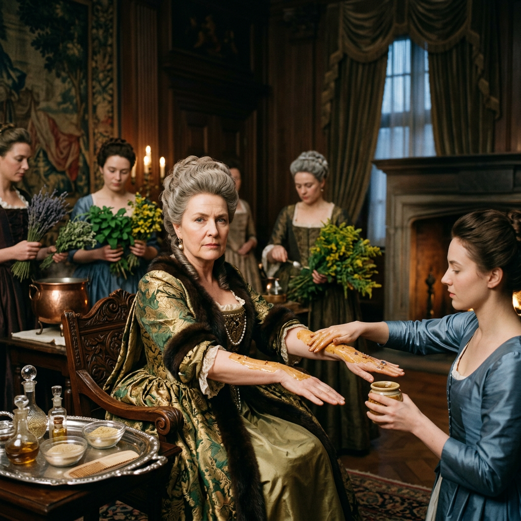 Noblewoman receiving a hand treatment from an attendant in an ornate room