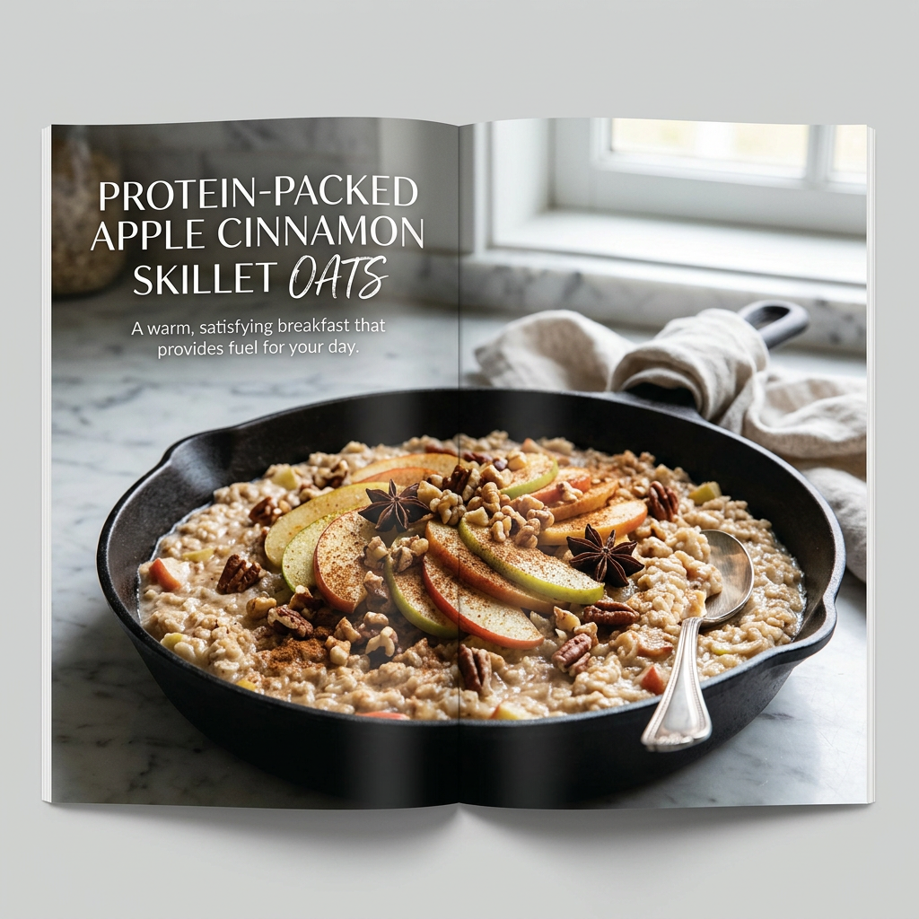 Open cookbook featuring protein-packed apple cinnamon skillet oats