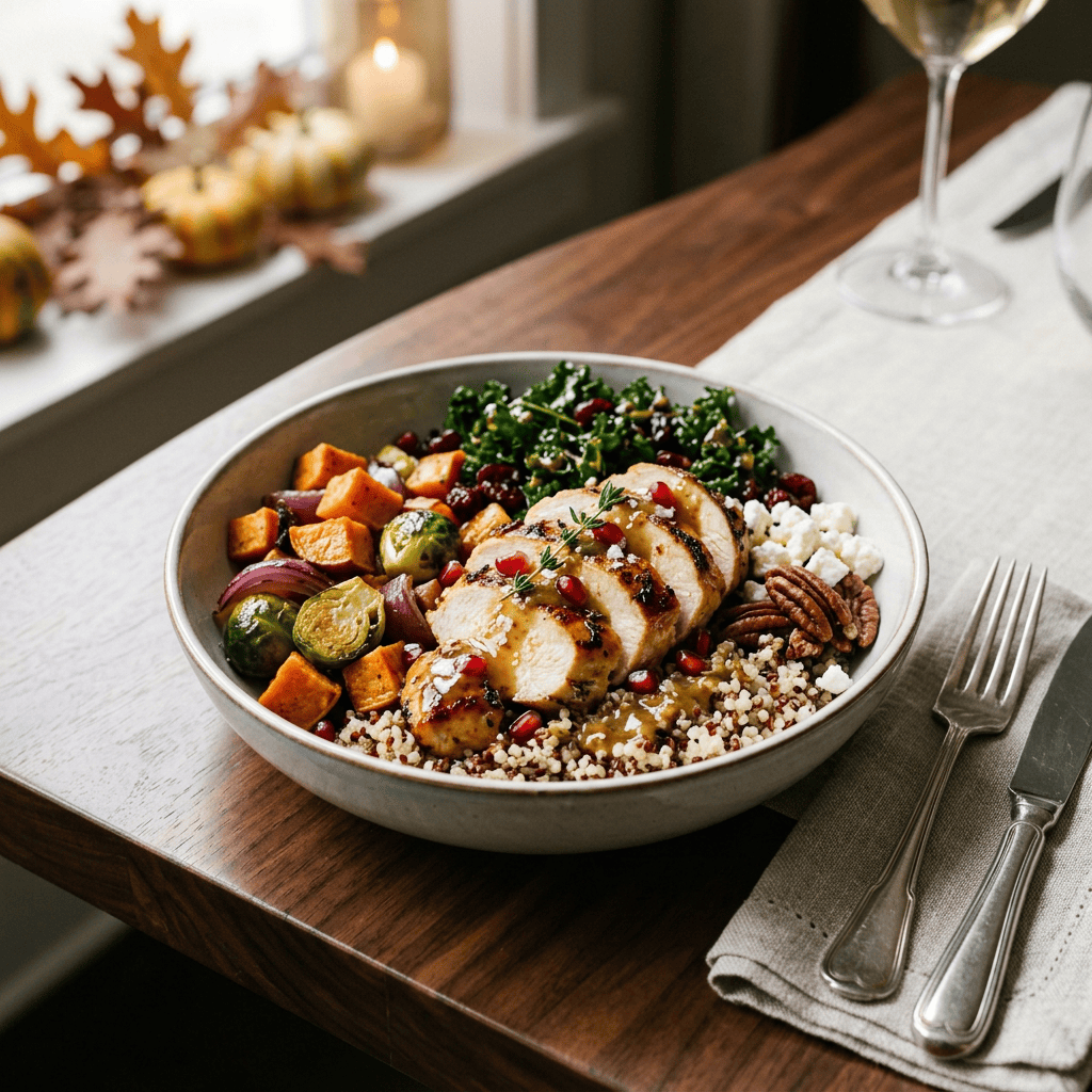 Harvest bowl with grilled chicken, vegetables, greens, grains, feta, and pecans