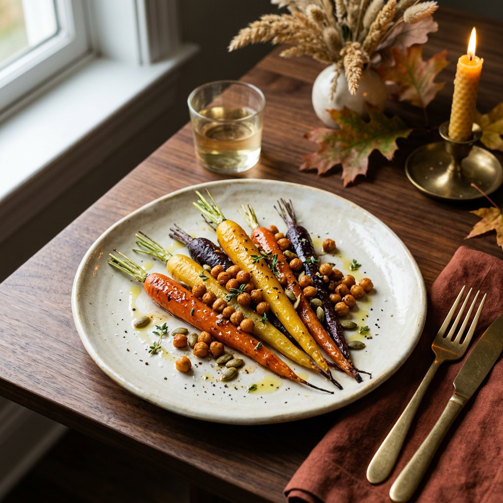 Roasted orange, yellow, and purple carrots with chickpeas on a plate