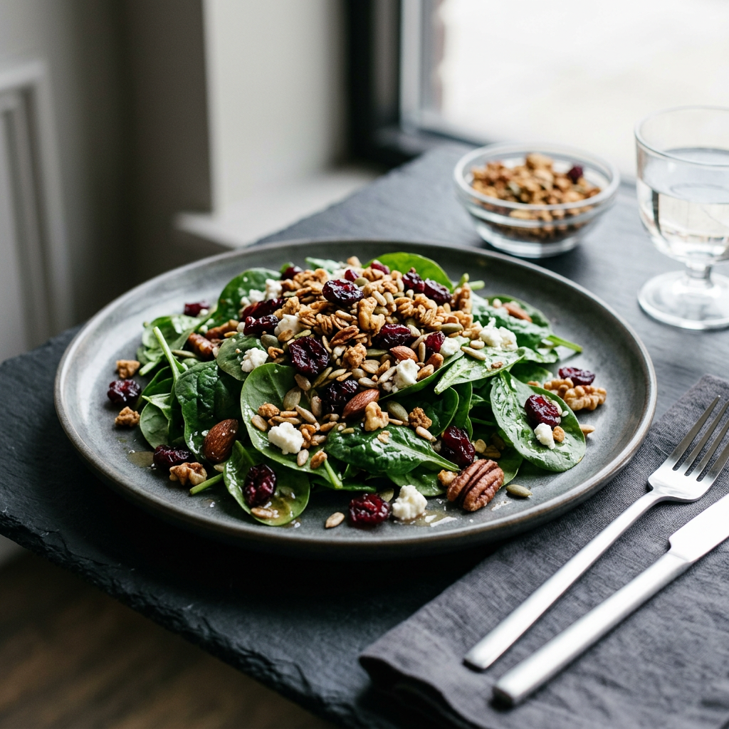 Spinach salad topped with cranberries, nuts, seeds, and crumbled cheese
