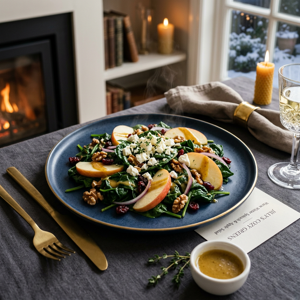 Spinach salad with apples, walnuts, cranberries, and feta on a dining table
