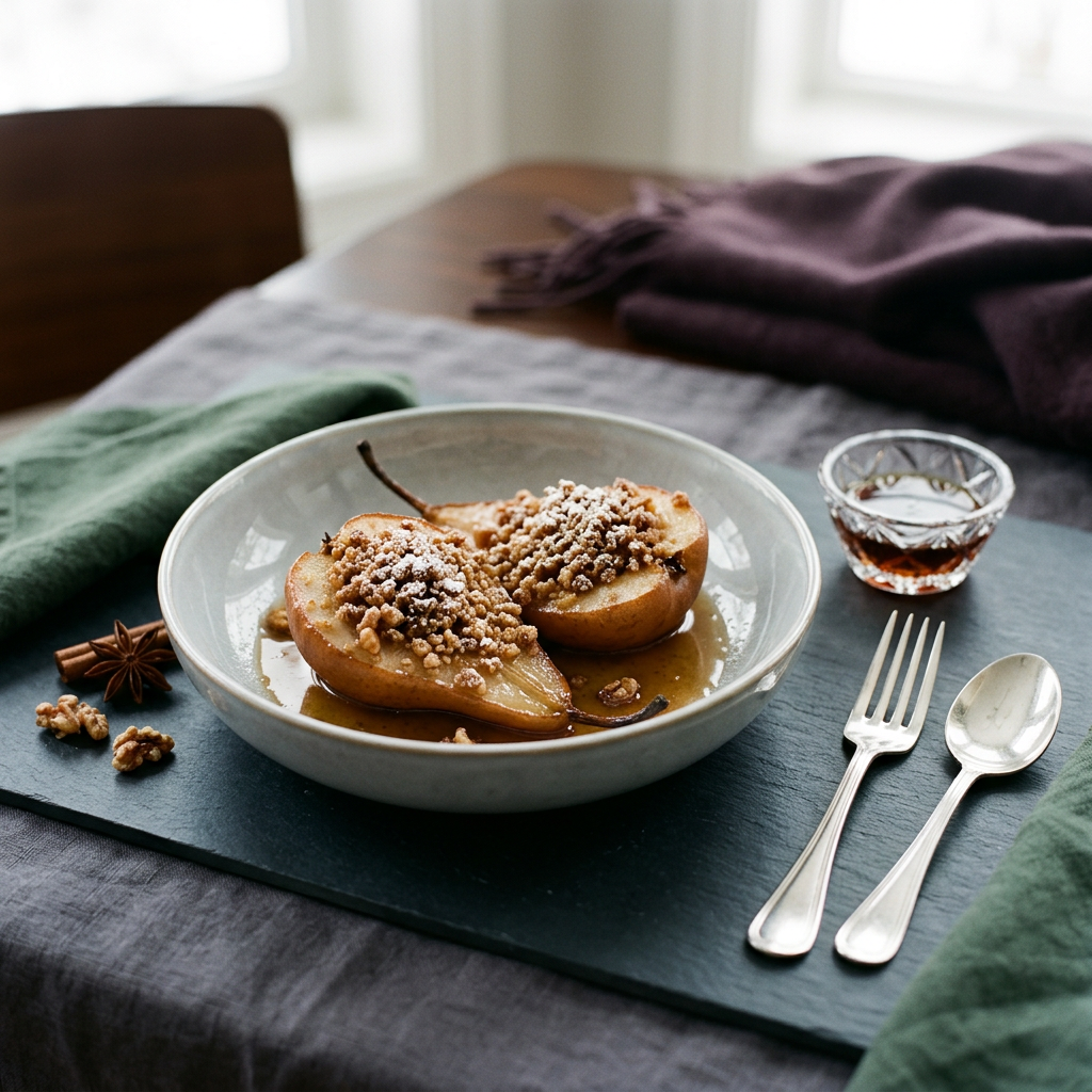 Baked pears topped with crumble in a bowl beside spoon and fork