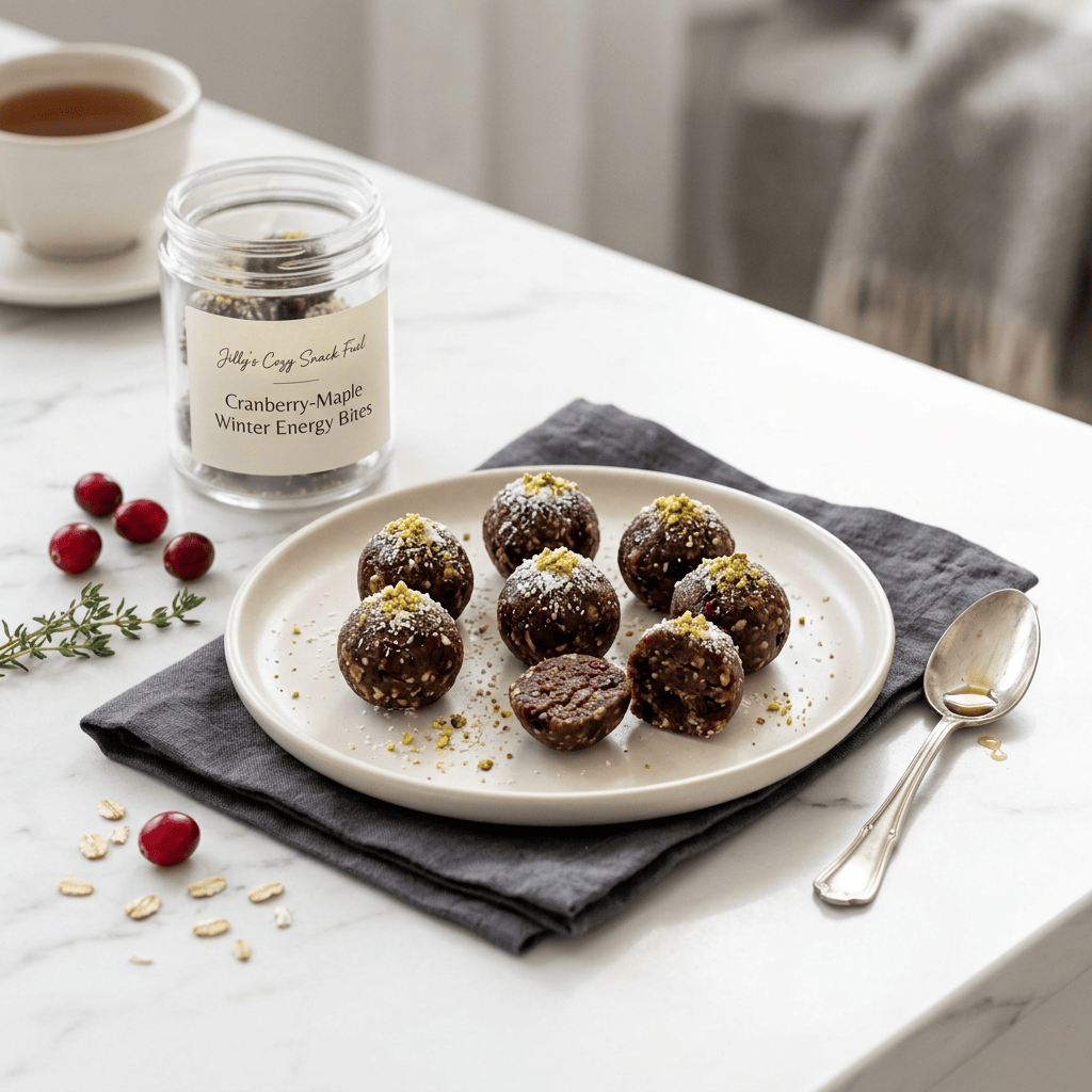 Jar labeled "Jilly's Cozy Snack Fuel" and "Cranberry-Maple Winter Energy Bites" beside energy bites on a plate