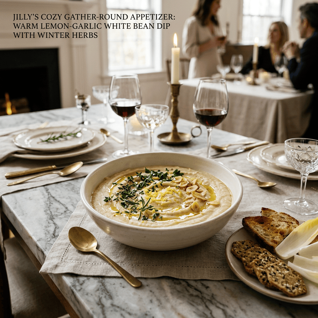 Lemon-garlic white bean dip topped with herbs, lemon zest, and toasted garlic