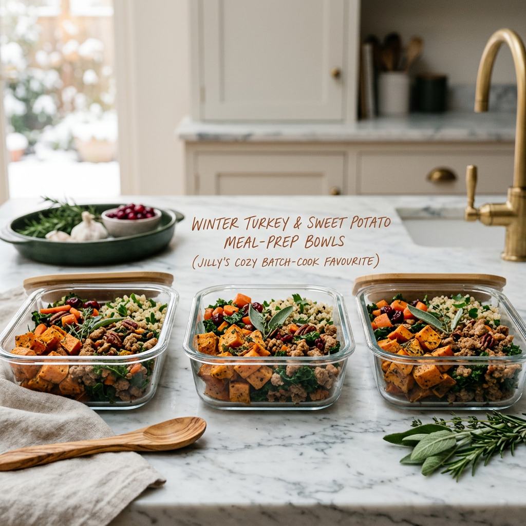 Three meal-prep bowls labeled "WINTER TURKEY & SWEET POTATO MEAL-PREP BOWLS (JILLY'S COZY BATCH-COOK FAVOURITE)"