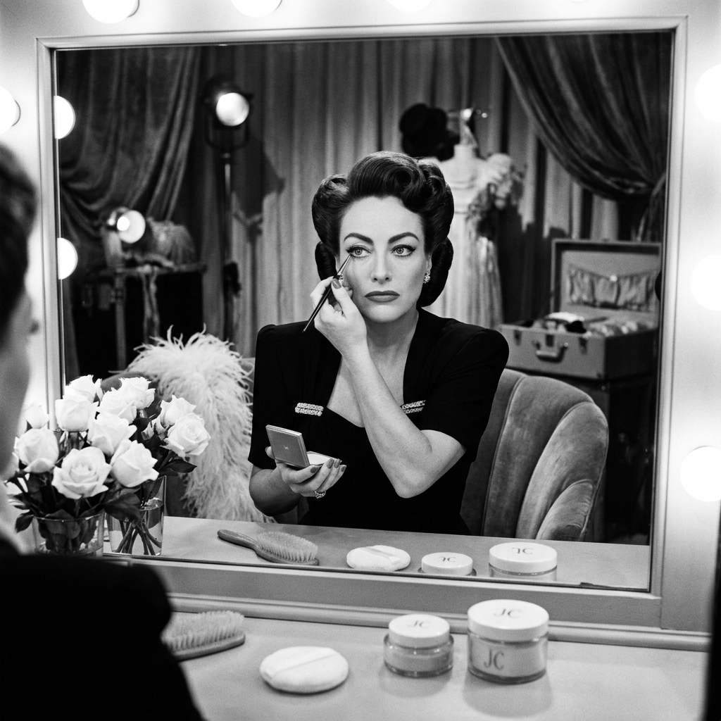 Woman applying eyeliner at a lit dressing-room vanity