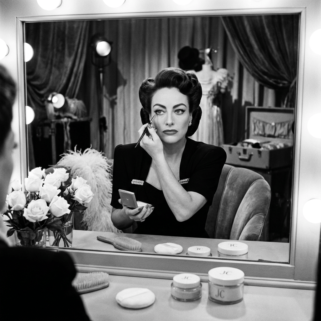 Woman applying eyeliner at a lit dressing-room vanity