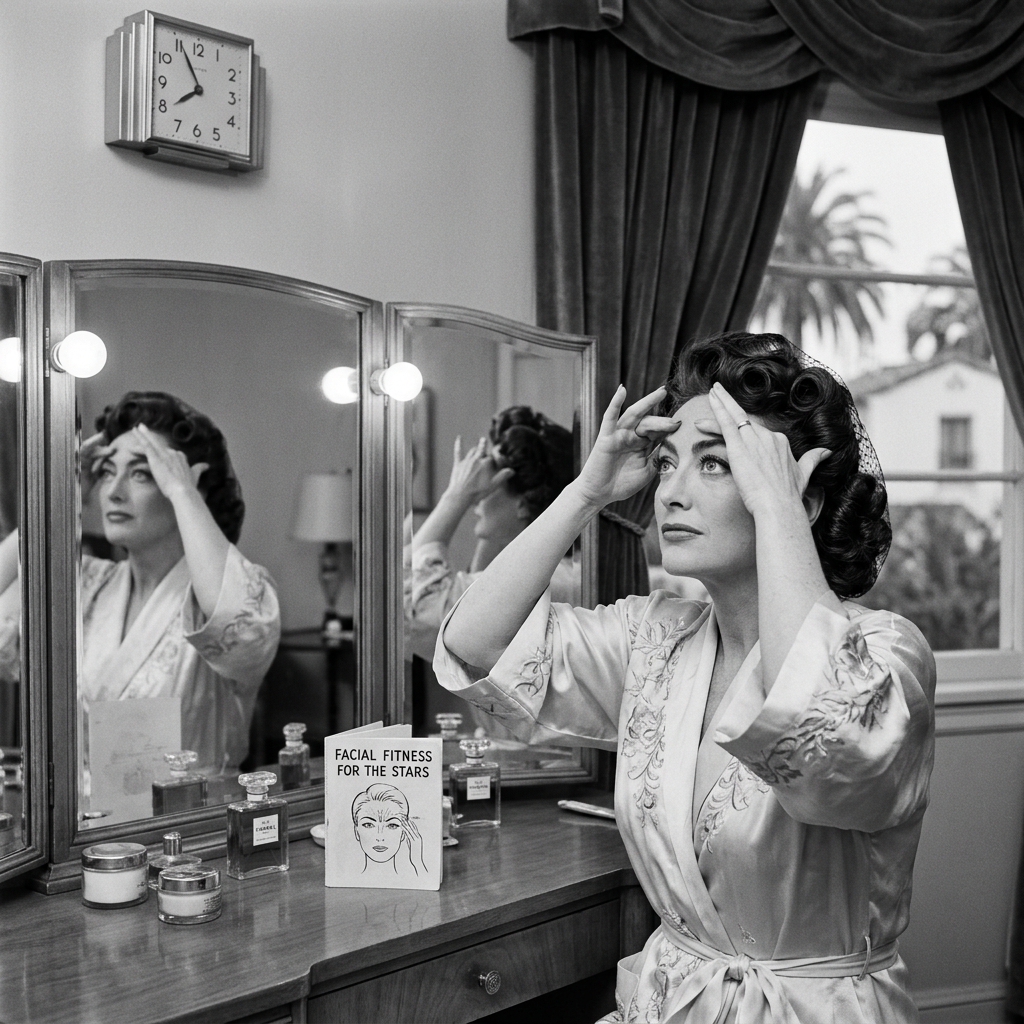 Woman practicing facial exercises beside a vanity mirror and beauty products