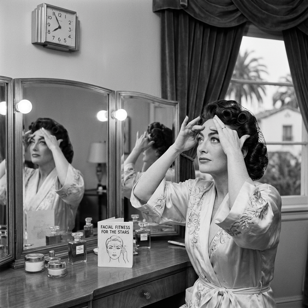 Woman practicing facial exercises beside a vanity mirror and beauty products