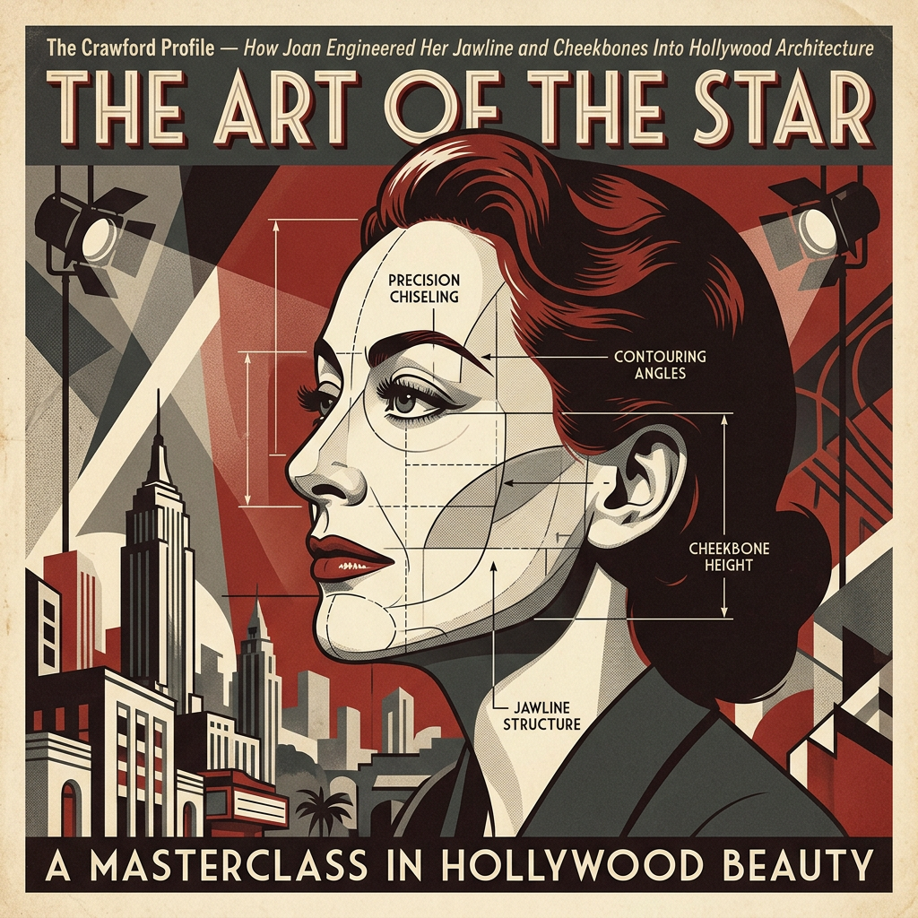 Vintage poster titled “The Crawford Profile — How Joan Engineered Her Jawline and Cheekbones Into Hollywood Architecture” and “THE ART OF THE STAR,” showing a stylized woman’s profile labeled “PRECISION CHISELING,” “CONTOURING ANGLES,” “CHEEKBONE HEIGHT,” and “JAWLINE STRUCTURE,” with the text “A MASTERCLASS IN HOLLYWOOD BEAUTY.”