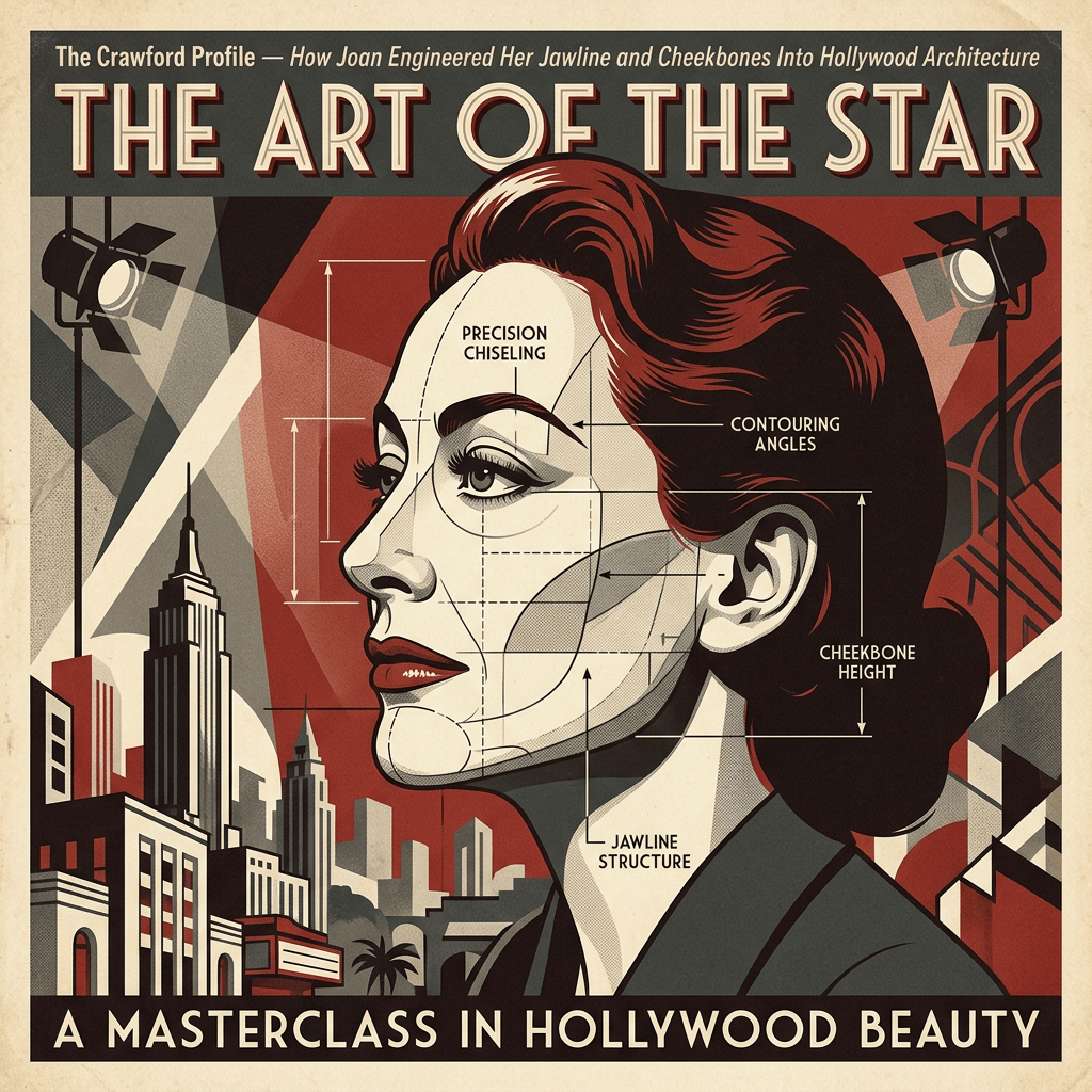 Vintage poster titled “The Crawford Profile — How Joan Engineered Her Jawline and Cheekbones Into Hollywood Architecture” and “THE ART OF THE STAR,” showing a stylized woman’s profile labeled “PRECISION CHISELING,” “CONTOURING ANGLES,” “CHEEKBONE HEIGHT,” and “JAWLINE STRUCTURE,” with the text “A MASTERCLASS IN HOLLYWOOD BEAUTY.”