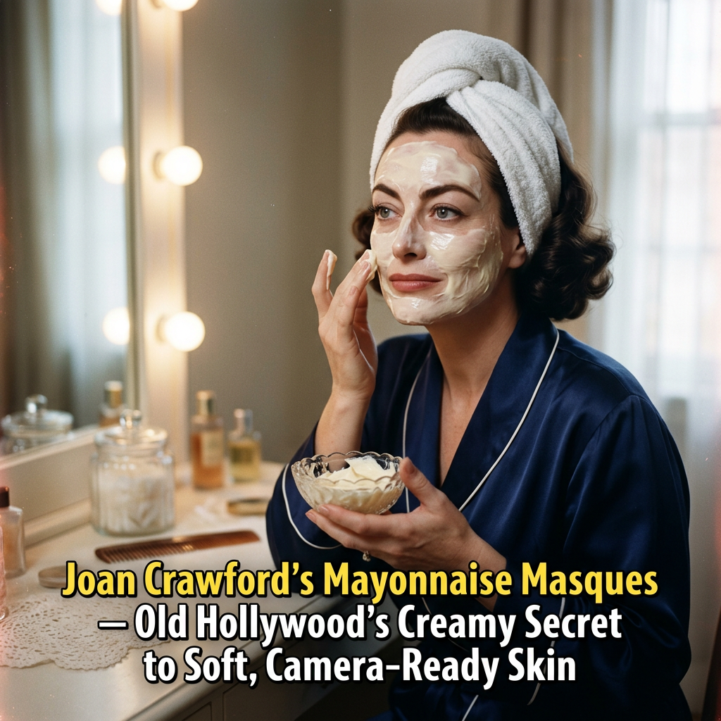 Woman applying face mask; text reads “Joan Crawford’s Mayonnaise Masques — Old Hollywood’s Creamy Secret to Soft, Camera-Ready Skin.”
