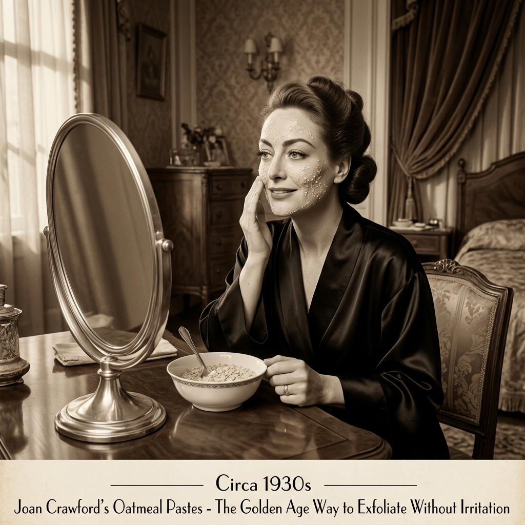 Woman applying oatmeal paste beside a mirror; text reads “Circa 1930s” and “Joan Crawford’s Oatmeal Pastes - The Golden Age Way to Exfoliate Without Irritation.”