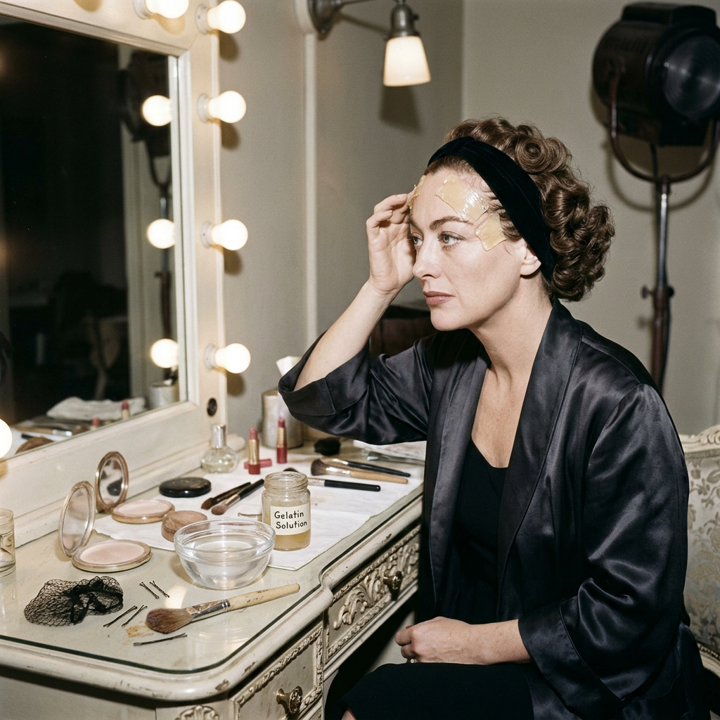Performer applying theatrical makeup at a dressing-room vanity