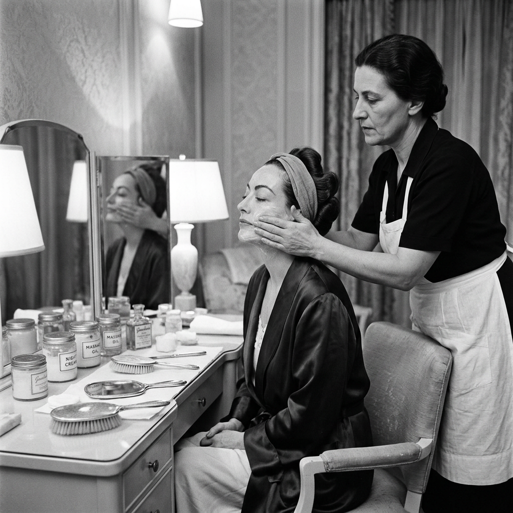 Beauty attendant applying facial cream to a seated client in a salon