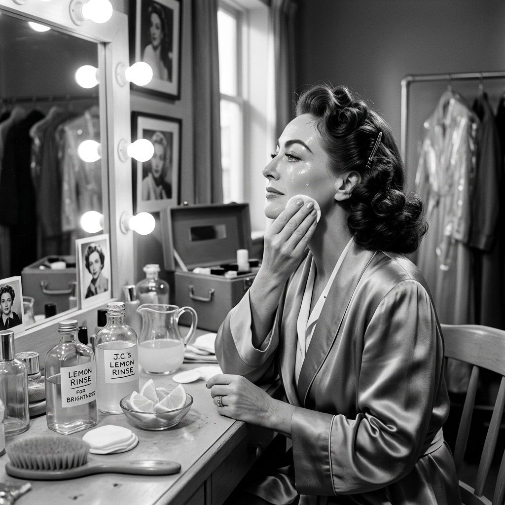 Woman applying lemon rinse to her cheek at a backstage vanity