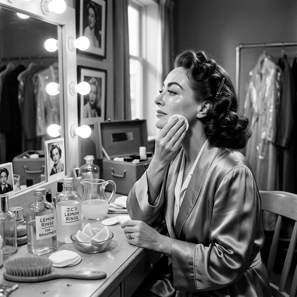 Woman applying lemon rinse to her cheek at a backstage vanity