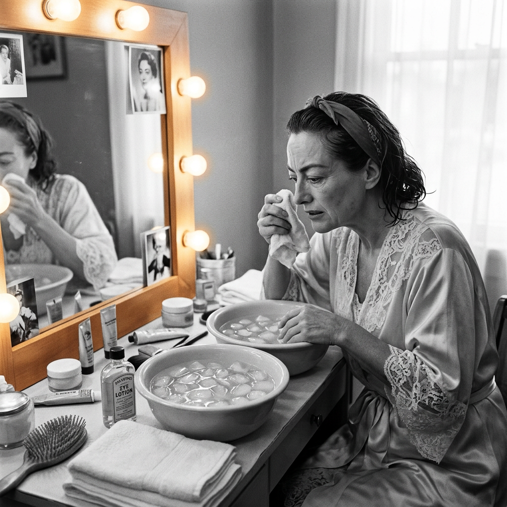 Woman backstage using a cold compress beside a lit makeup mirror