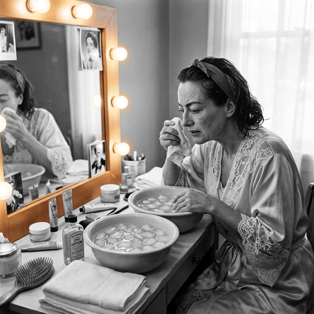 Woman backstage using a cold compress beside a lit makeup mirror