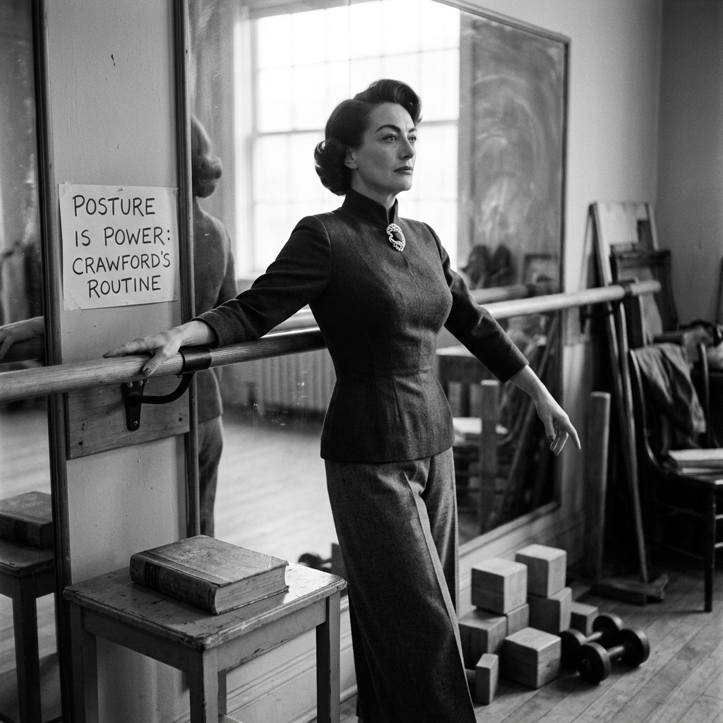 Woman at barre beside sign reading “POSTURE IS POWER: CRAWFORD’S ROUTINE”