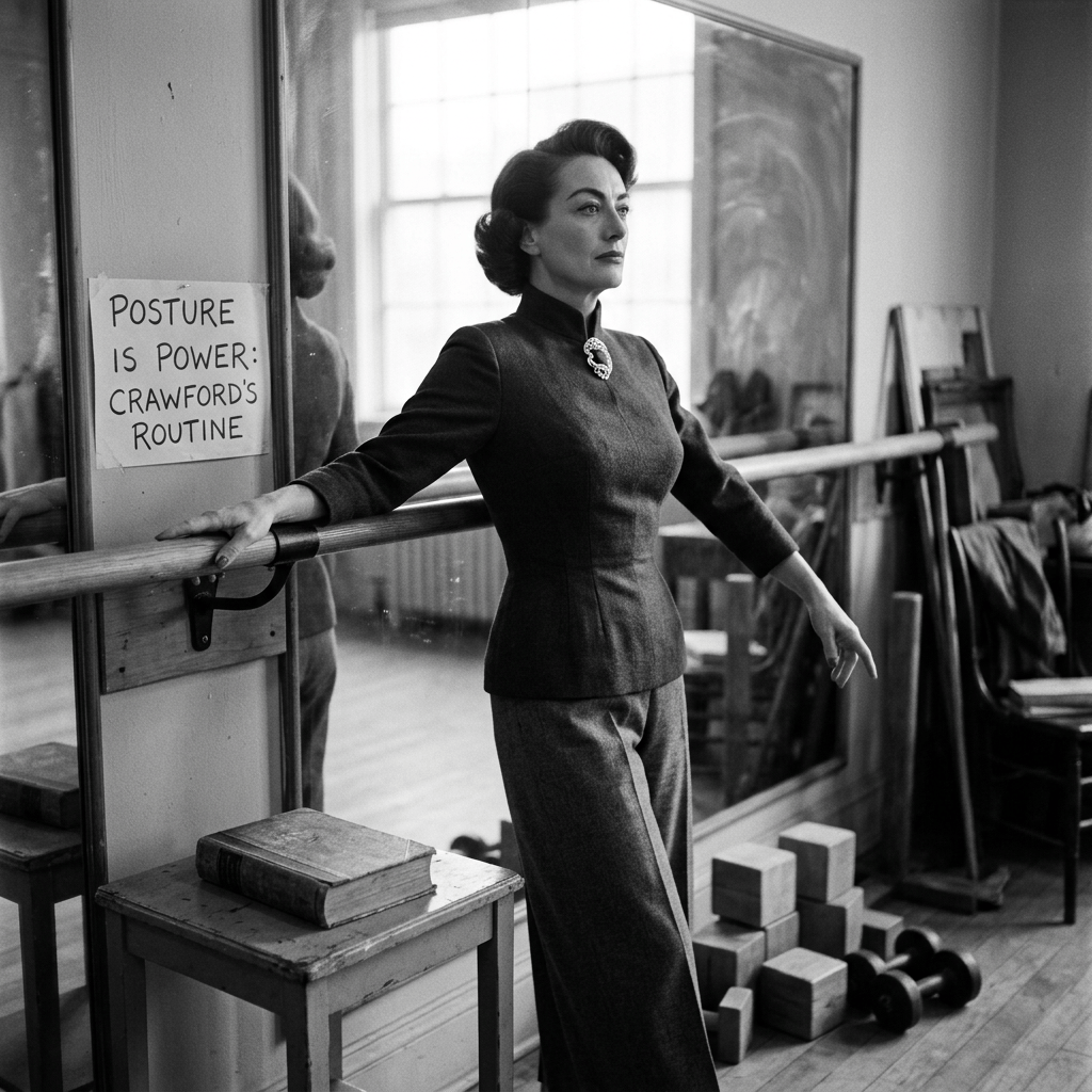 Woman at barre beside sign reading “POSTURE IS POWER: CRAWFORD’S ROUTINE”