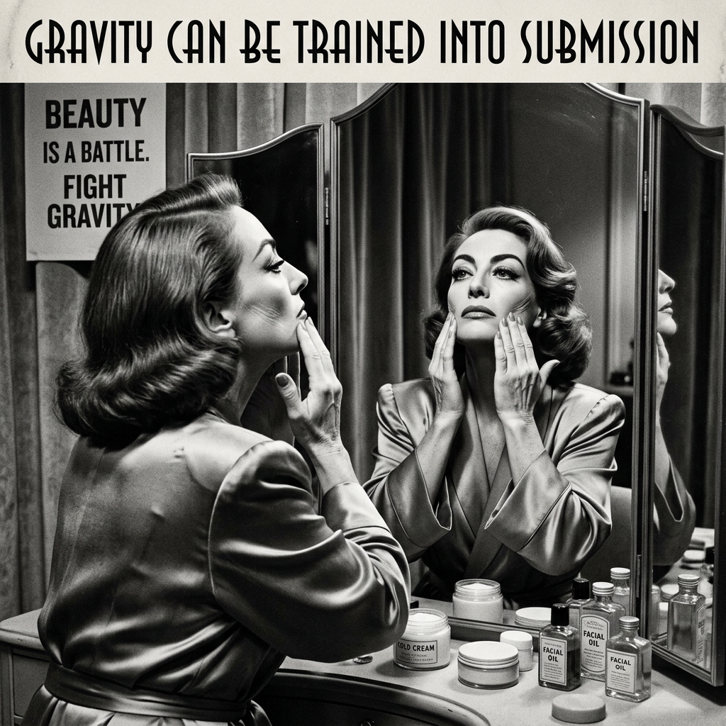 Woman applying skincare before mirror; text reads “GRAVITY CAN BE TRAINED INTO SUBMISSION” and “BEAUTY IS A BATTLE. FIGHT GRAVITY.”