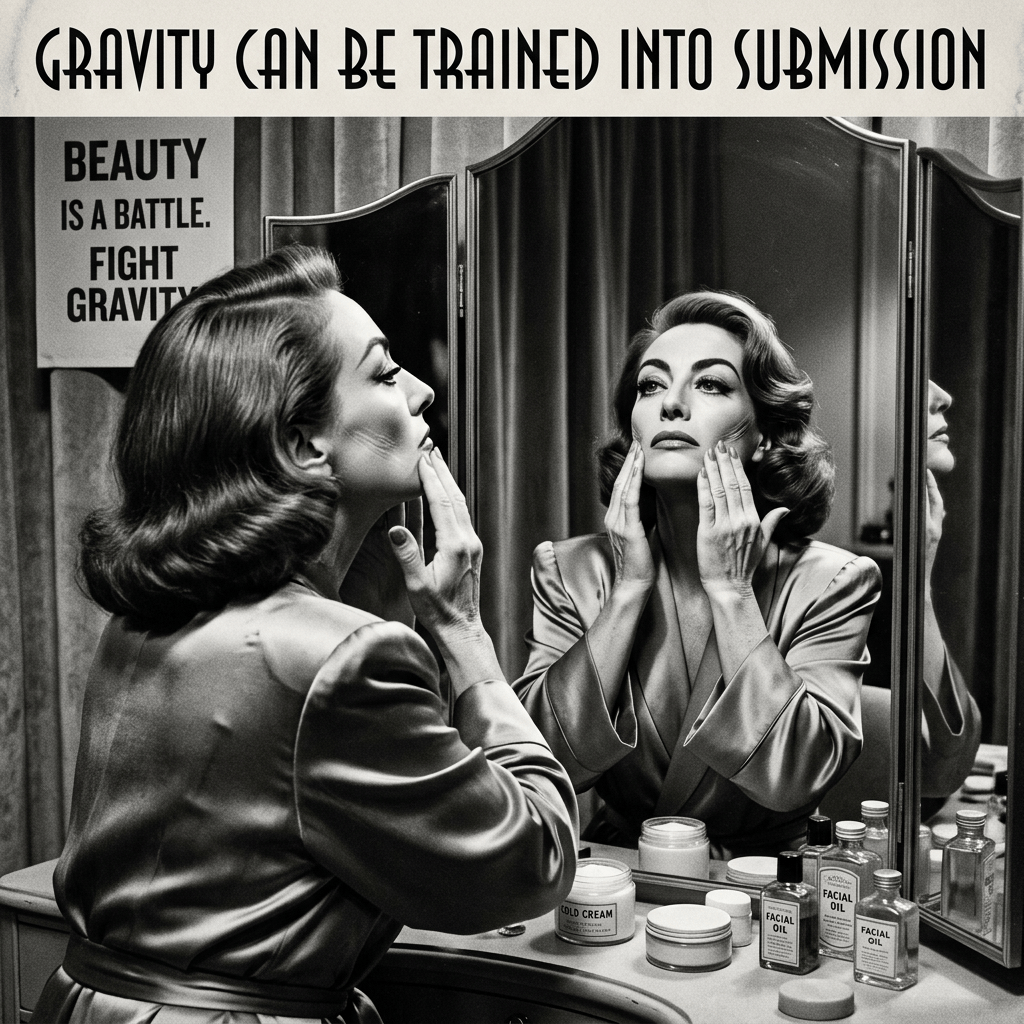 Woman applying skincare before mirror; text reads “GRAVITY CAN BE TRAINED INTO SUBMISSION” and “BEAUTY IS A BATTLE. FIGHT GRAVITY.”