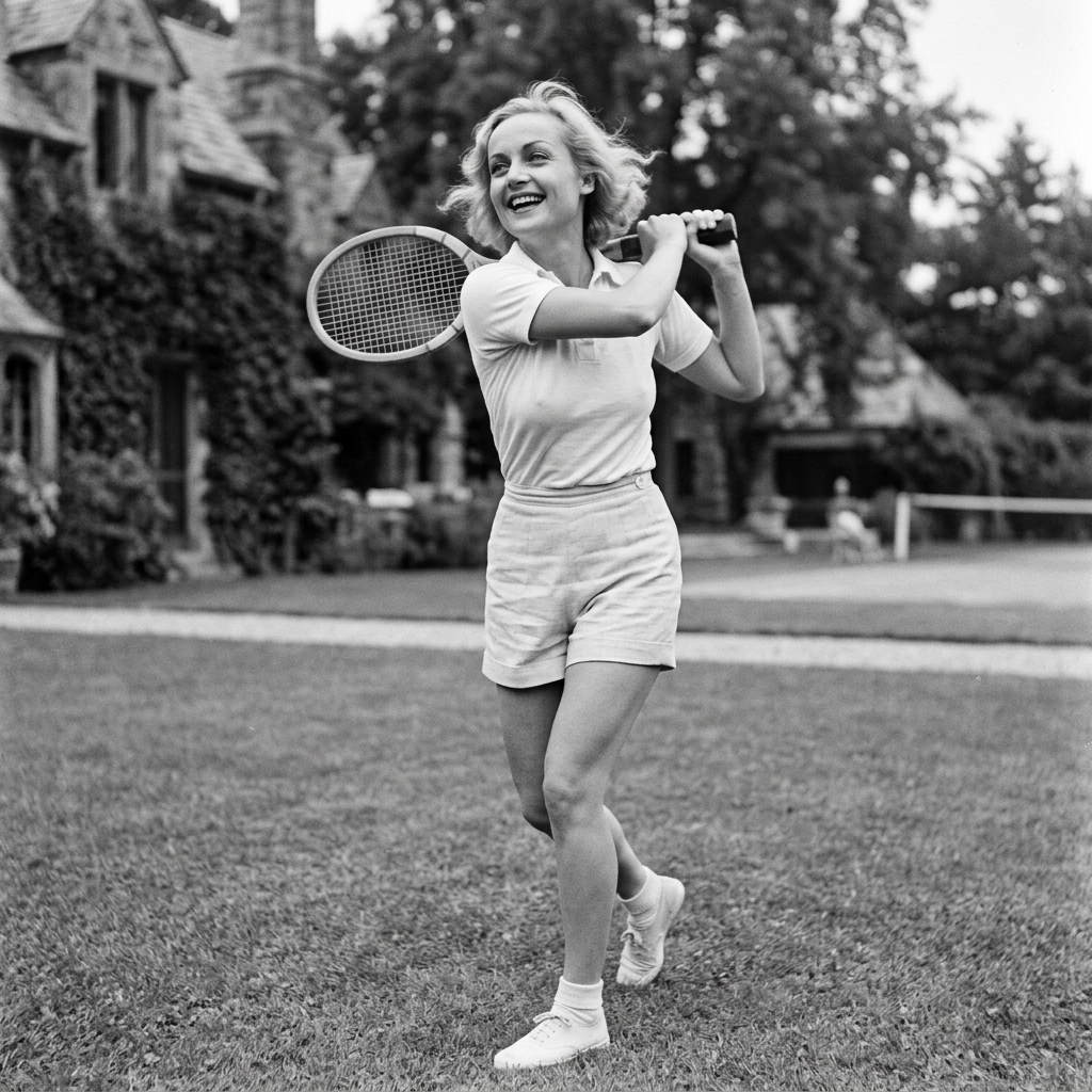 Smiling woman in tennis attire swinging a racket on a lawn