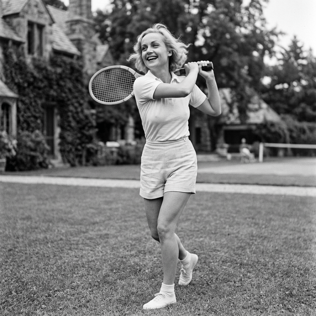 Smiling woman in tennis attire swinging a racket on a lawn