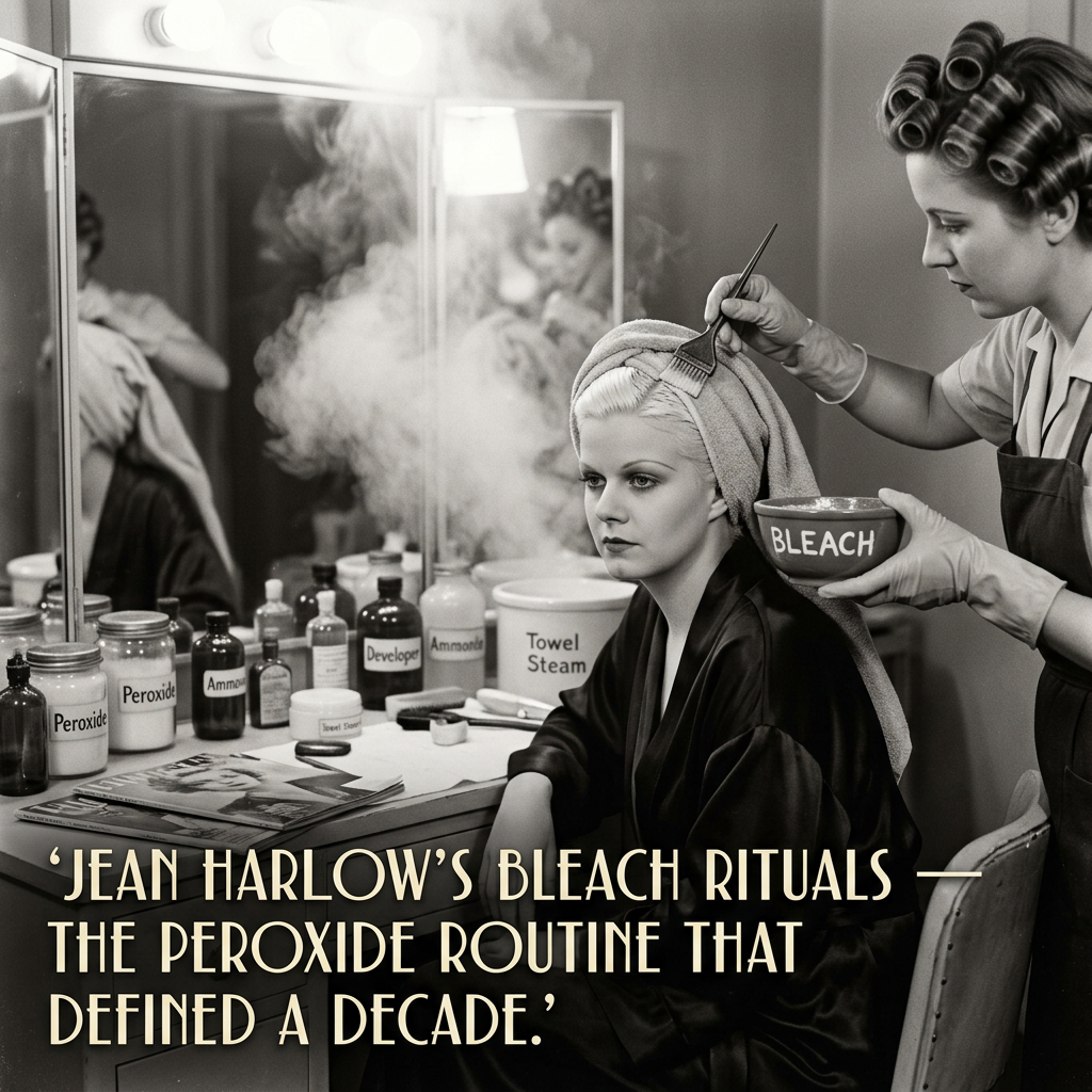 Salon worker applying bleach to Jean Harlow’s hair; text reads “JEAN HARLOW’S BLEACH RITUALS — THE PEROXIDE ROUTINE THAT DEFINED A DECADE.”