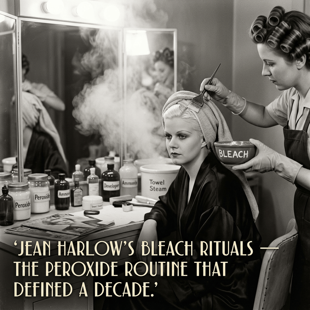 Salon worker applying bleach to Jean Harlow’s hair; text reads “JEAN HARLOW’S BLEACH RITUALS — THE PEROXIDE ROUTINE THAT DEFINED A DECADE.”