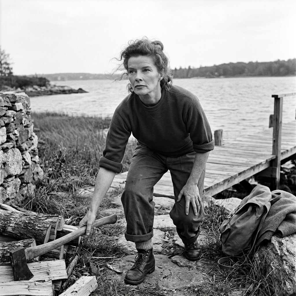 Woman standing beside an axe and chopped wood near a waterfront dock