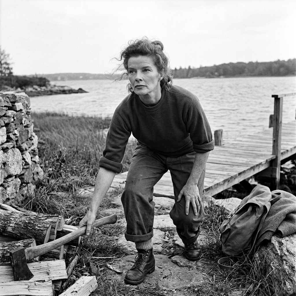 Woman standing beside an axe and chopped wood near a waterfront dock