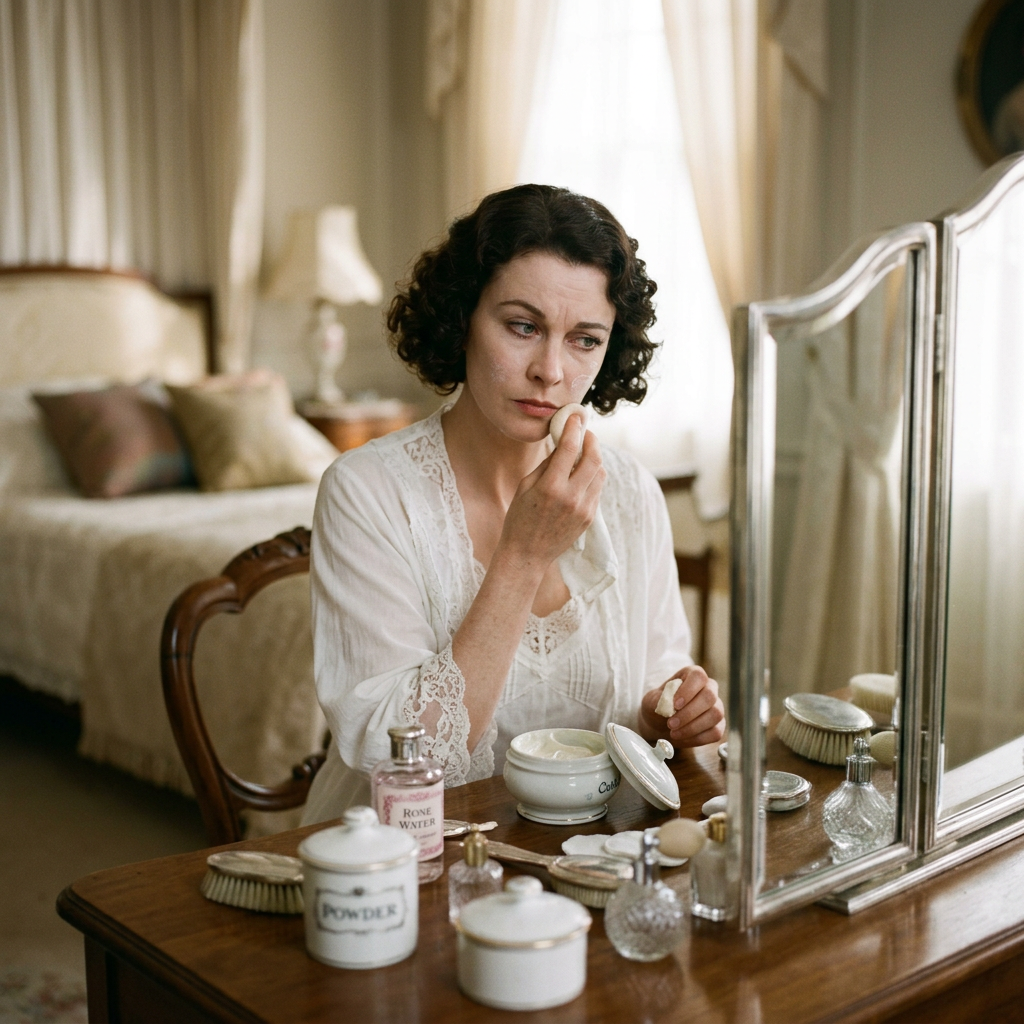 Woman applying powder at a vintage vanity in a softly lit bedroom