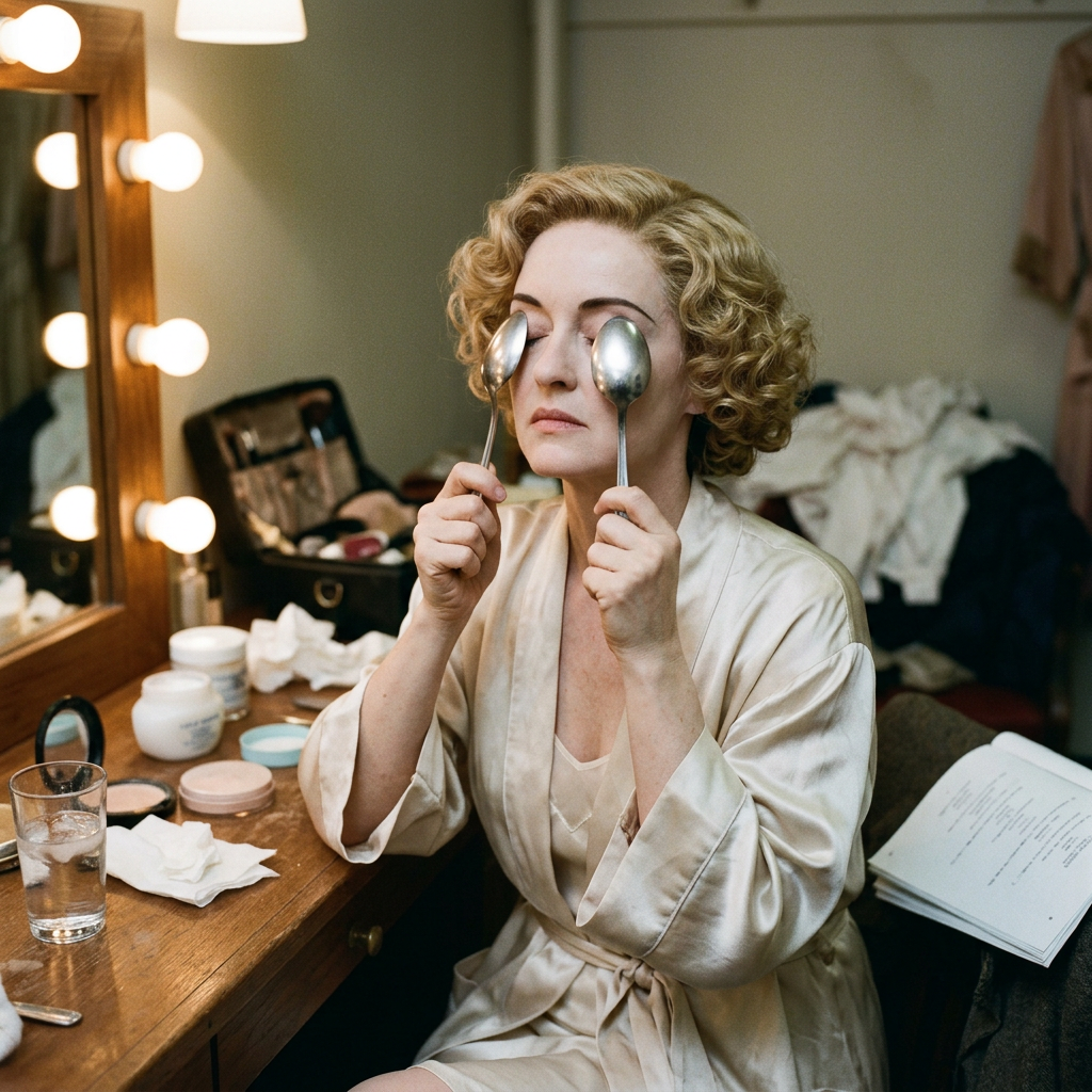 Performer holding spoons over her eyes in a backstage dressing room