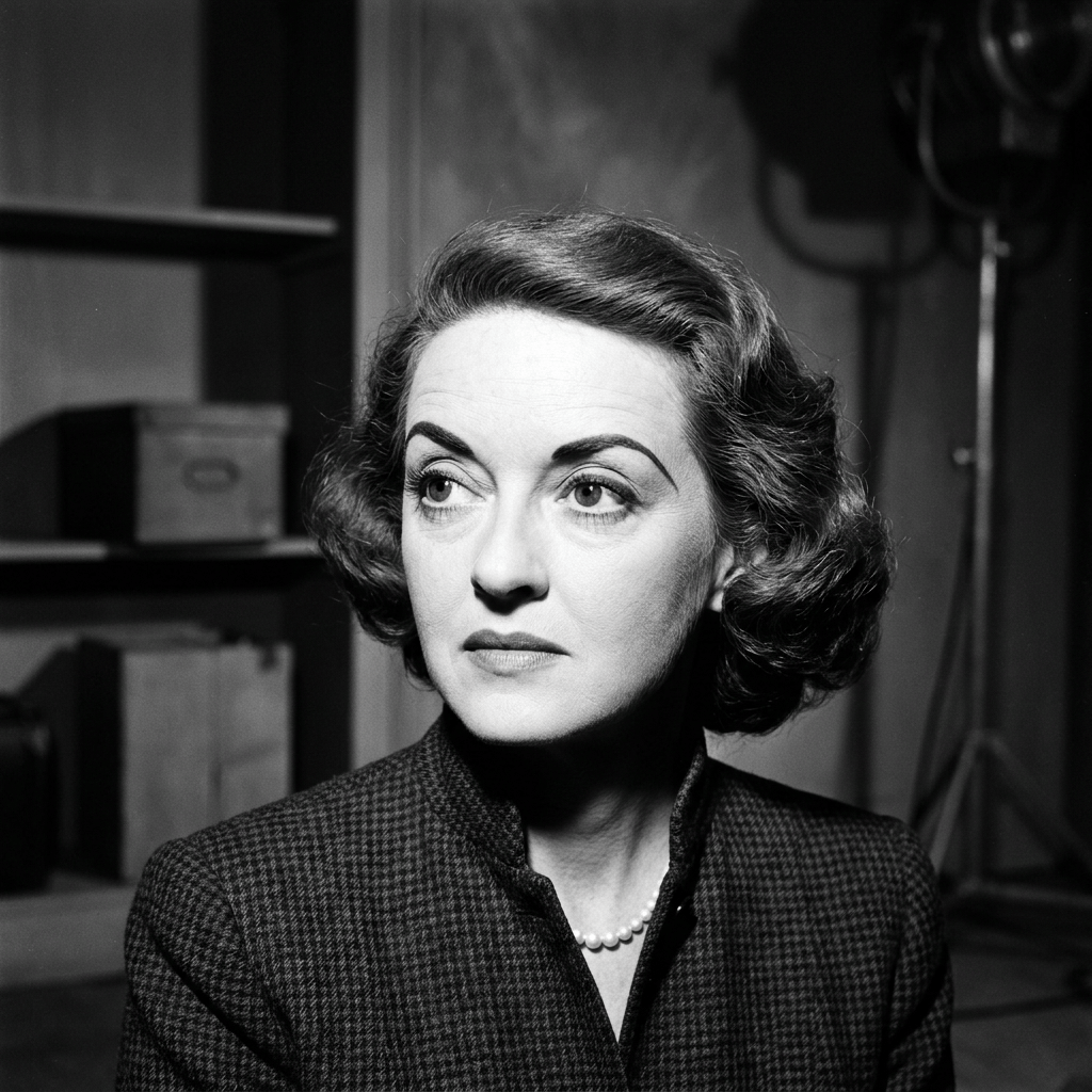 Black-and-white portrait of a woman in vintage attire and pearl necklace