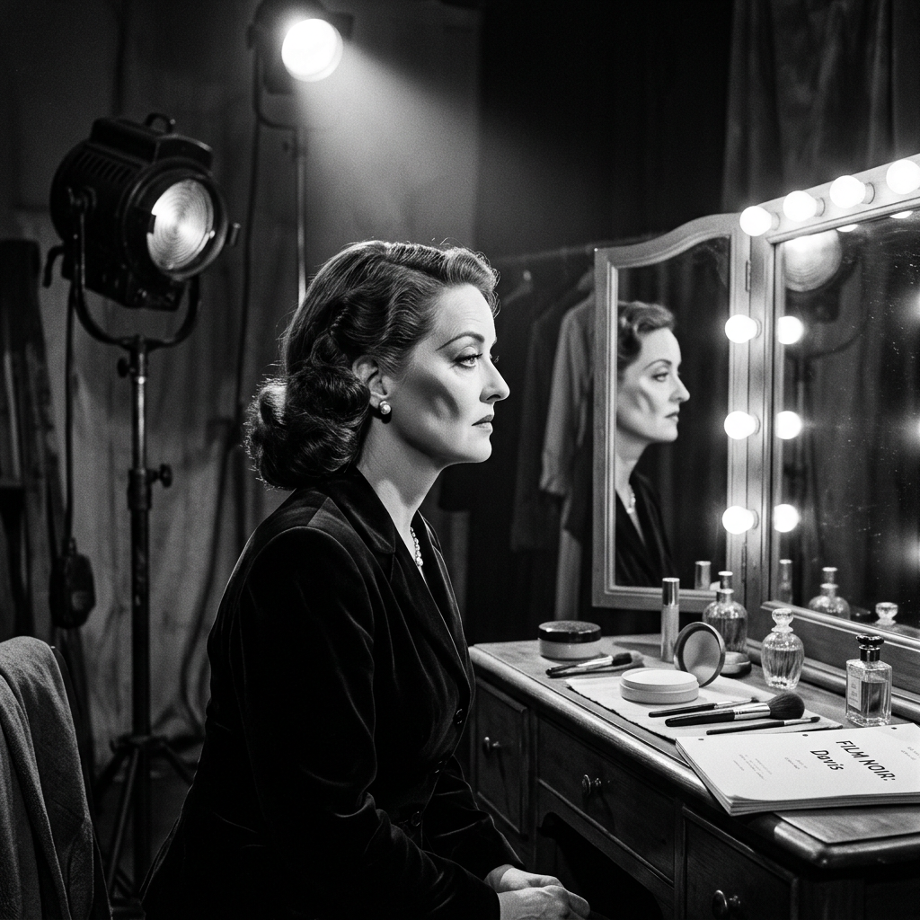 Woman seated at a Hollywood dressing table with lit mirror and studio lights