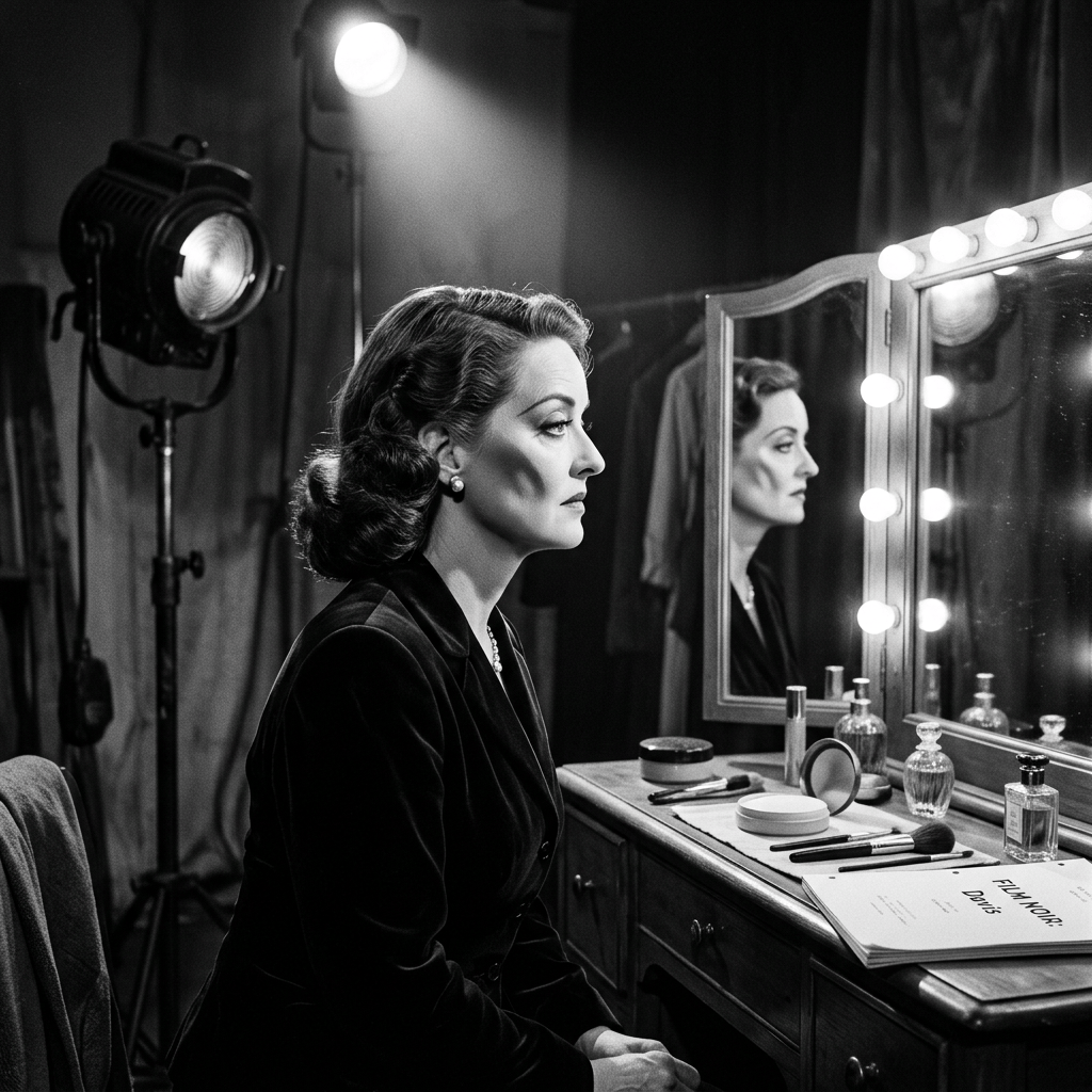 Woman seated at a Hollywood dressing table with lit mirror and studio lights