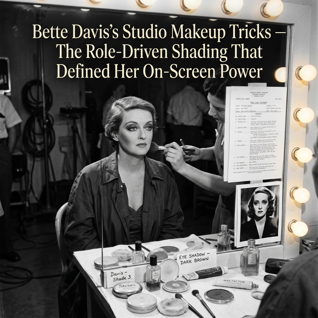 Bette Davis’s Studio Makeup Tricks — The Role-Driven Shading That Defined Her On-Screen Power; makeup artist applies shading beside labeled cosmetics and script pages.