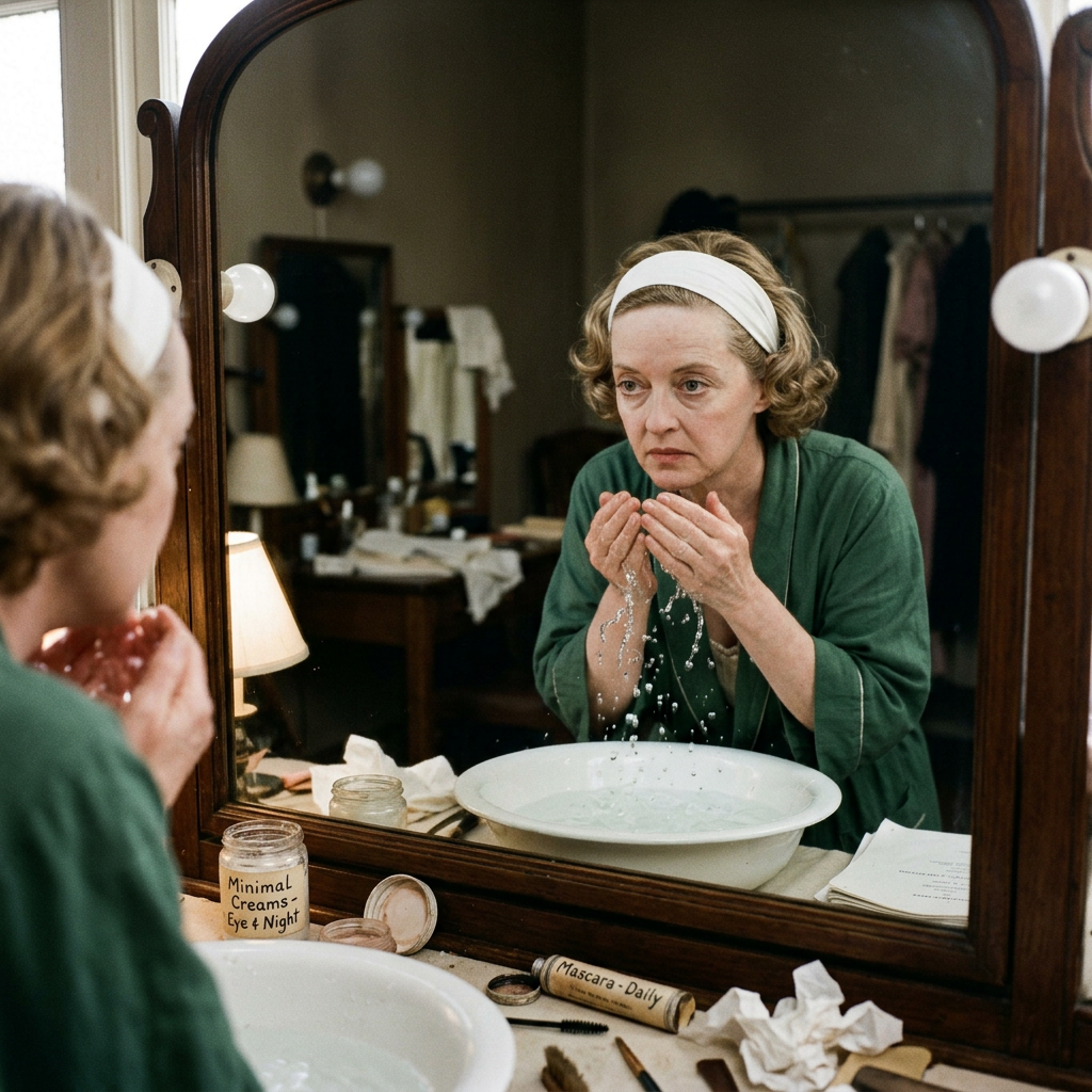 Woman splashes water over her face beside jars labeled “Minimal Creams—Eye & Night” and “Mascara—Daily.”