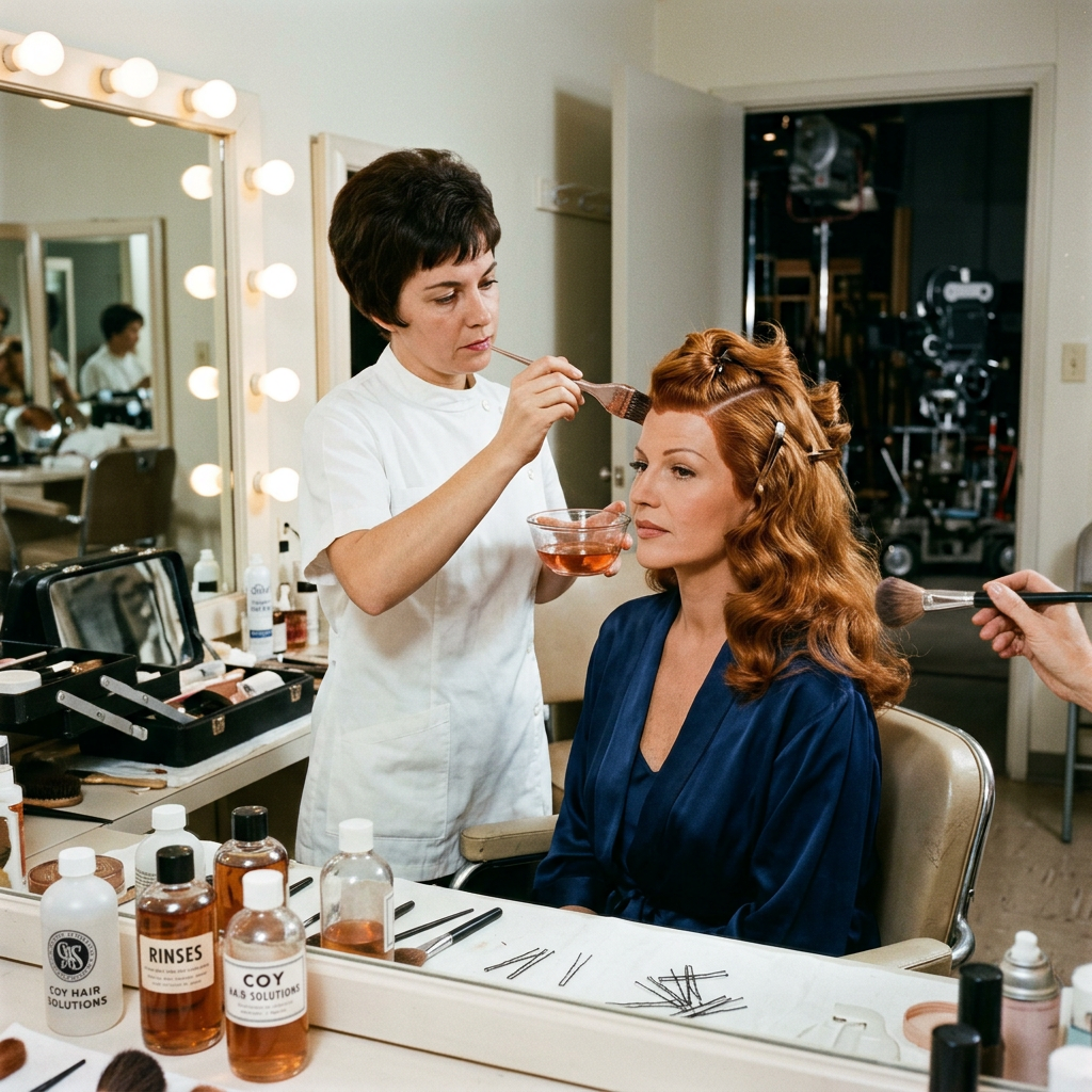 Stylist preparing a seated woman’s hair and makeup backstage