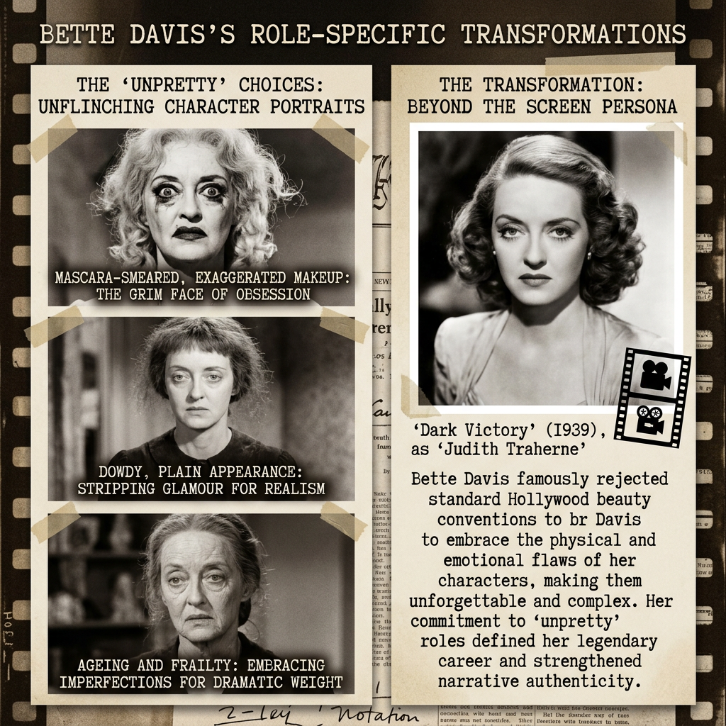 Graphic titled “BETTE DAVIS’S ROLE-SPECIFIC TRANSFORMATIONS.” Left panel: “THE ‘UNPRETTY’ CHOICES: UNFLINCHING CHARACTER PORTRAITS,” with three portraits labeled “MASCARA-SMEARED, EXAGGERATED MAKEUP: THE GRIM FACE OF OBSESSION,” “DOWDY, PLAIN APPEARANCE: STRIPPING GLAMOUR FOR REALISM,” and “AGEING AND FRAILTY: EMBRACING IMPERFECTIONS FOR DRAMATIC WEIGHT.” Right panel: “THE TRANSFORMATION: BEYOND THE SCREEN PERSONA,” featuring Bette Davis in “Dark Victory” (1939) as Judith Traherne and text explaining her rejection of Hollywood beauty conventions.
