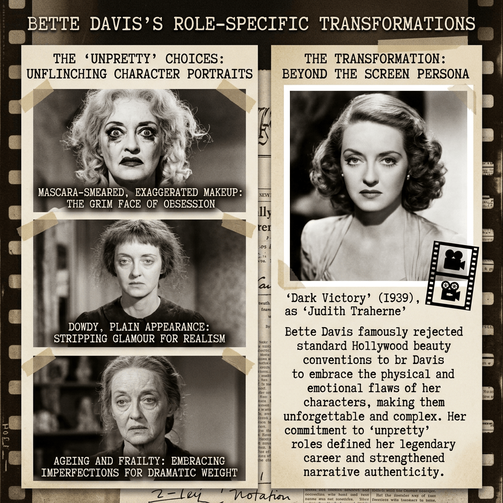 Graphic titled “BETTE DAVIS’S ROLE-SPECIFIC TRANSFORMATIONS.” Left panel: “THE ‘UNPRETTY’ CHOICES: UNFLINCHING CHARACTER PORTRAITS,” with three portraits labeled “MASCARA-SMEARED, EXAGGERATED MAKEUP: THE GRIM FACE OF OBSESSION,” “DOWDY, PLAIN APPEARANCE: STRIPPING GLAMOUR FOR REALISM,” and “AGEING AND FRAILTY: EMBRACING IMPERFECTIONS FOR DRAMATIC WEIGHT.” Right panel: “THE TRANSFORMATION: BEYOND THE SCREEN PERSONA,” featuring Bette Davis in “Dark Victory” (1939) as Judith Traherne and text explaining her rejection of Hollywood beauty conventions.