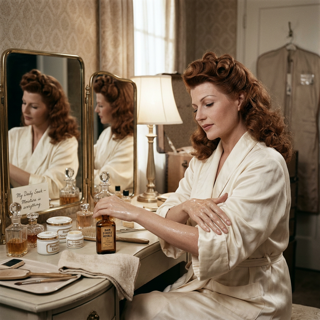 Woman moisturizing her arms beside a vanity with sign reading “My Daily Soak—Moisturize my everything.”